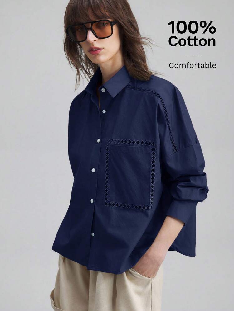 2026 New Summer Women's Long Sleeve Embroidered Blouse, Casual Loose Fit Shirt With Mandarin Collar, Hollow Embroidery Design, Vacation Style Business Casual Wear For Women, Office Attire For Female Teachers