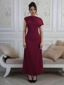 Criza Taa Váy dài đi làm thanh lịch tối giản không đối xứng mới dành cho phụ nữ, váy dự tiệc cưới cho phụ nữ - Màu Đỏ Sâu - Xem 3