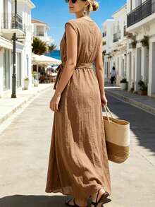 SHEIN Tall Đầm không tay màu nâu mới dành cho nữ, thích hợp cho mùa xuân/hè. - màu nâu - Xem 2