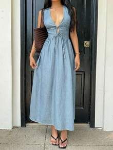 Đầm denim nữ cổ chữ V xếp ly, kiểu dáng thường ngày. - Màu xanh lam - Xem 1