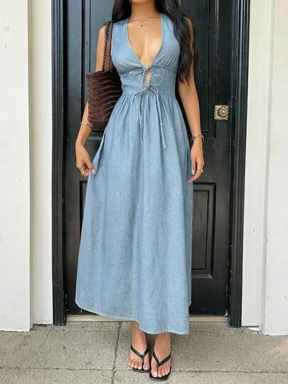 Siren Gaze Women's V-Neck Ruched Casual Everyday Denim Dress