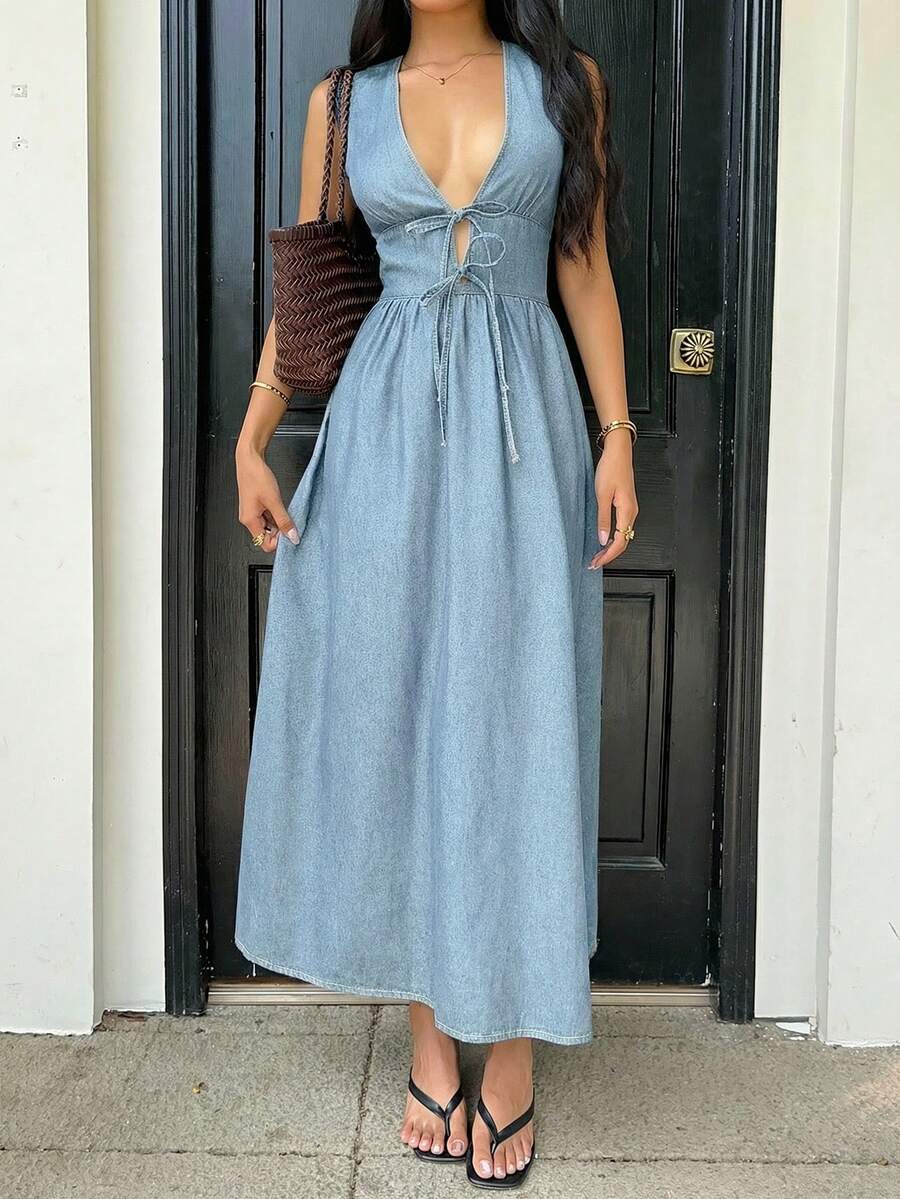 Đầm denim nữ cổ chữ V xếp ly, kiểu dáng thường ngày. - Màu xanh lam - Xem 1