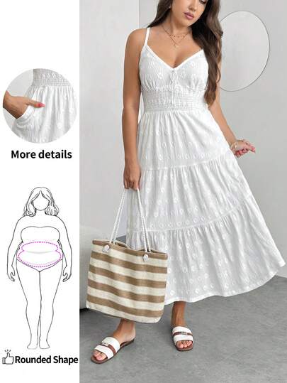 Enliva Vestido de verano blanco de media longitud para mujer de talla grande, con diseño de bolsillo y detalle de cintura elástica, vestido de tirantes con escote en V.
