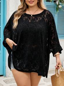 SHEIN CURVE+ 大码女式休闲宽松基础款短袖T恤，针织提花蕾丝沙滩度假装 - 黑色 - 查看 4