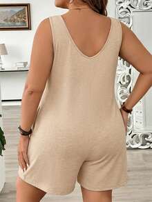 SHEIN LUNE 大码无袖纯色休闲连体衣 - 杏色 - 查看 2