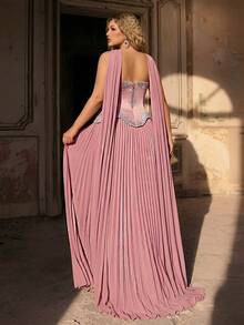 Glamrae Plus Size Elegant Lavender Dusty Pink Summer Evening Formal Prom Maxi Dress, Asymmetric Beaded Bustier Pleated A-Line Skirt, Detachable Halter, Wedding - Dusty Pink - View 3