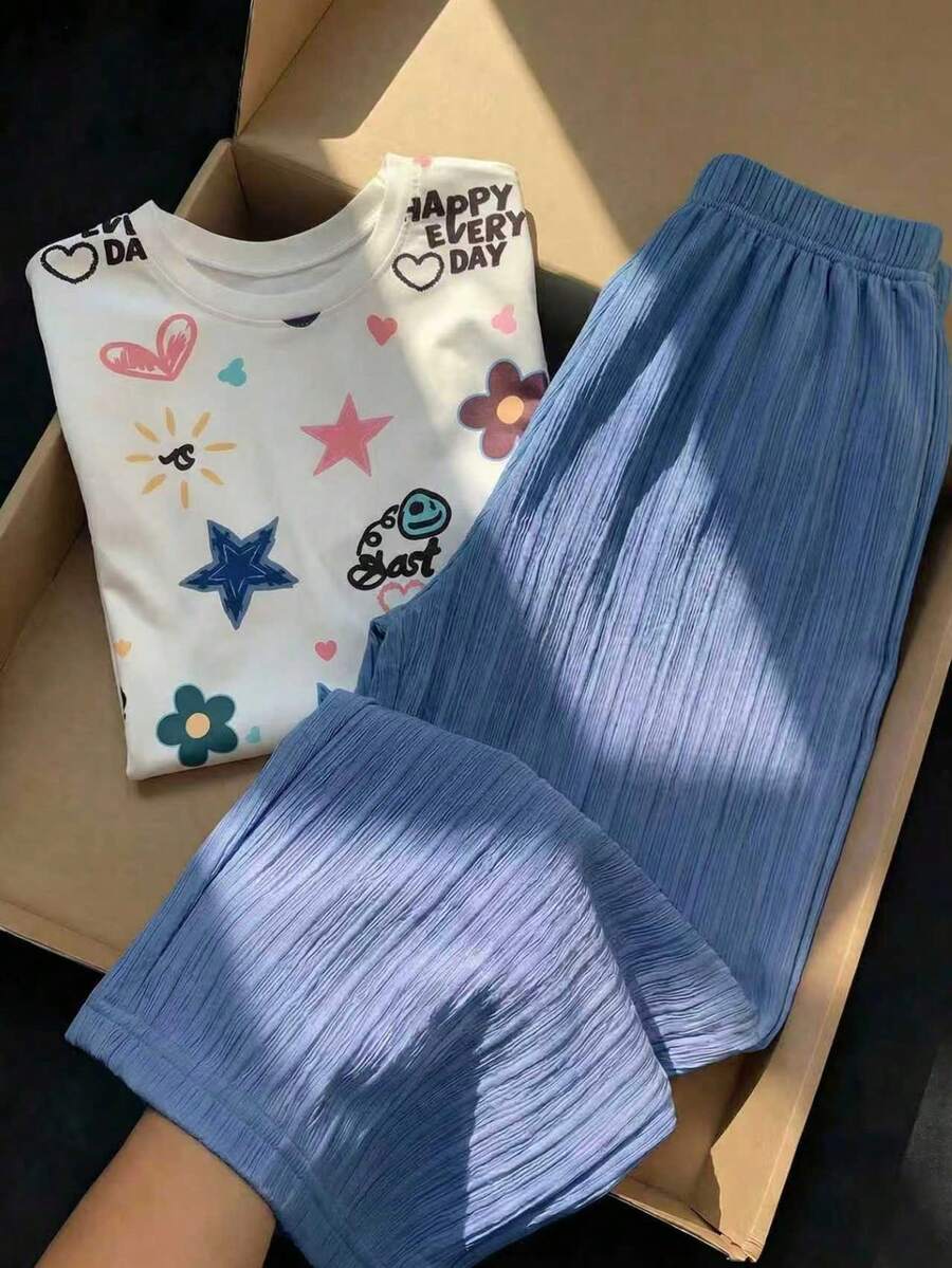 SHEIN 2pcs/Set Girls Floral All-Over Print T-Shirt And High Waist Textured Wide Leg Pants Set - Blue - View 1