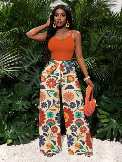 Slaydiva Spring/Summer New Tank Top And Classic High Waist Wide Leg Palazzo Casual Pants With Tie Belt 2 Pieces Set/Vacation/Travel/Music Festival/Western Style/Nomadic Style/Cruise Travel/Beach/Sunbathing/Fashion Influencer Style/Tropical Graphic Print