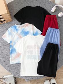 SHEIN 6件套男童休闲宽松扎染椰树图案圆领针织短袖上衣T恤和短裤套装，适合通勤、上学、日常休闲、运动、春夏、海滩度假等场合。 - 黑色 - 查看 2