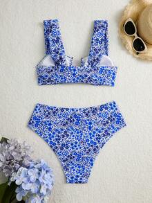 Swim Mod Springbreak Women's New Summer Random Ditsy Floral V-Neck Spaghetti Strap Sweet Floral Pattern Bikini Set - Multicolor - View 2