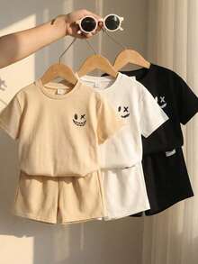 SHEIN 6件套儿童休闲简约圆领T恤短裤套装，夏季运动服，3种颜色（灰色、黑色、白色） - 彩色 - 查看 1