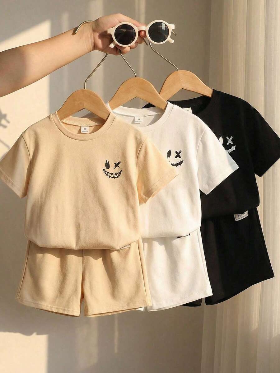 SHEIN 6件套儿童休闲简约圆领T恤短裤套装，夏季运动服，3种颜色（灰色、黑色、白色） - 彩色 - 查看 1