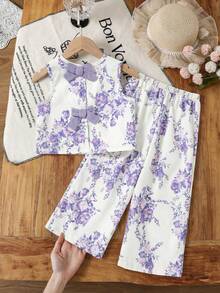 Emery Rose Kids Emery Rose Kids 少女碎花圆领上衣和裤子休闲日常穿搭 - 紫色 - 查看 2