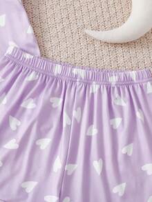 Ensemble 2 pièces Top à manches courtes et short violet, imprimé nuage et cœur, doux et confortable, style décontracté ample, pour l'été - Prune - Voir 3
