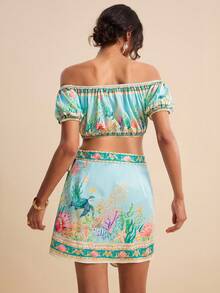 LOTSLUV Women's Spring/Summer Vacation Green Ocean Turtle, Seaweed, Conch Placement Print Off-Shoulder Cropped Top And Wrap Midi Skirt 2-Piece Set, 2 Piece Set, Beach Outfits For Women, Vacation Outfit, Summer Outfits, Tropical Print Set, Puerto Rico Vacation Outfits 2 Piece, Festival Outfits Women Two Piece, Beach Sunbathing Outfit - Blue - View 2