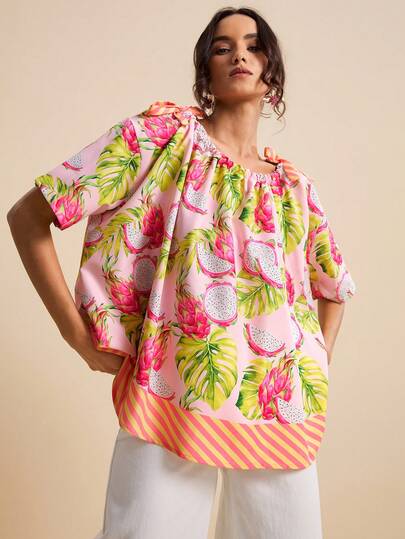 LOTSLUV 女士粉色火龙果印花宽松圆领短袖上衣，适合春夏度假穿着