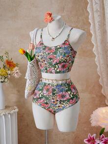 SHEIN Swim Lushore Random Printed Tankini Set For Beach In Summer Vacation Two Pieces Sethigh Waisted Bikini Set - Multicolor - View 7