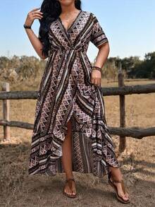 Breezaya Plus Size Women Bohemian Style Beach Gym Vacation V-Neck Short Sleeve A-Line Ruffle Hem Maxi Casual Dress Brown Summer - Multicolor - View 7
