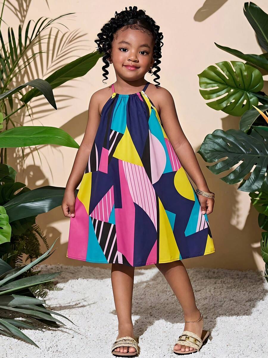 女童几何印花宽松露背A字连衣裙，适合日常、度假、休闲穿着，也可与姐妹或亲子装搭配。 - 綠色 - 查看 1