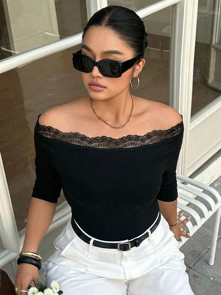 Dazy Plus Plus Size Summer Casual Solid Color Lace Trim Off-Shoulder T-Shirt