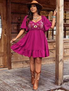 大码女式波西米亚风刺绣方领荷叶袖连衣裙 - 玫紅色 - 查看 5