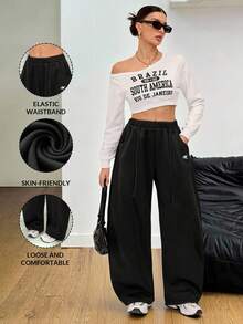 SHEIN Tall 女士秋冬街头风返校学院风休闲保暖舒适法式黑色弹力腰带弧形裤脚长裤，黑色长裤 - 黑色 - 查看 13