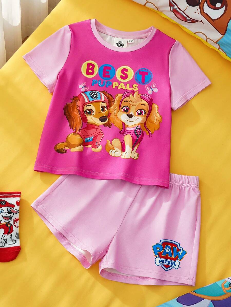 SHEIN | PAW Patrol Camisa casual de manga corta con cuello redondo y estampado gráfico para niña - Rosa - Ver 1