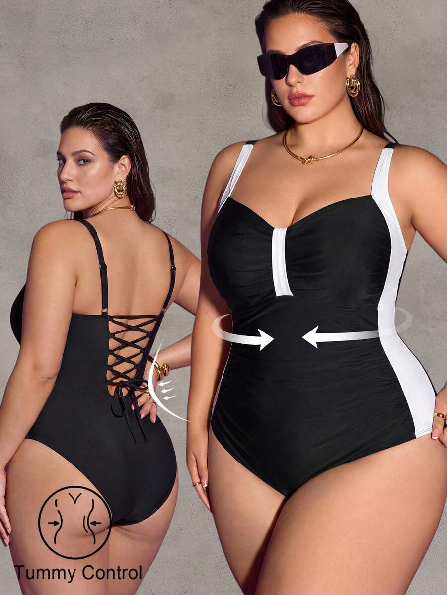 Shapewave Plus Size Women Contrast Color Ruched One-Piece Swimsuit - Black - View 1
