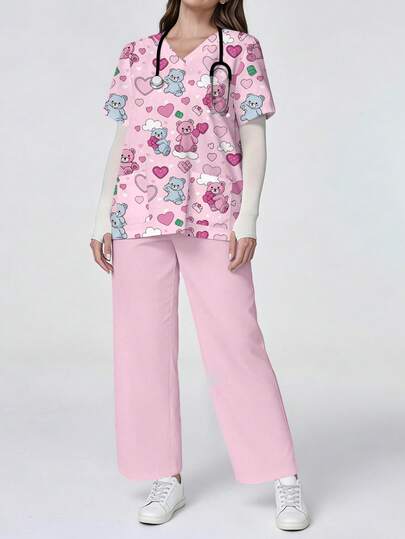 PopScrub Conjunto de mujer de talla grande con estampado de oso de peluche en forma de corazón, blusa de manga corta con escote en V, bolsillo y diseño de orejas colgantes, pantalón recto, uniforme de enfermera de primavera/verano, traje casual, conjunto uniforme