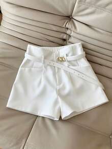 Airaco Quần short nữ màu trơn, xếp ly, có túi, dáng rộng, kiểu dáng thường ngày. - trắng - Xem 1