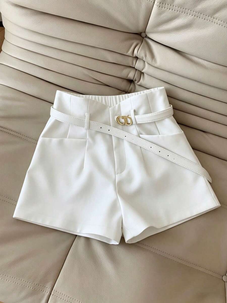 Airaco Quần short nữ màu trơn, xếp ly, có túi, dáng rộng, kiểu dáng thường ngày. - trắng - Xem 1