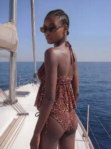 Maija 女士夏季沙滩豹纹吊带系带性感坦克背心泳衣套装 - 棕色 - 查看 3