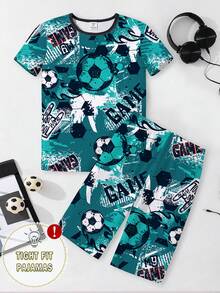 SHEIN 男童足球印花短袖短裤两件套修身睡衣套装 - 藍色 - 查看 3