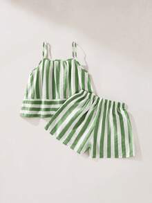 SHEIN Bộ áo hai dây và quần short kẻ sọc cho bé gái (cỡ nhỏ) - màu xanh lá - Xem 2