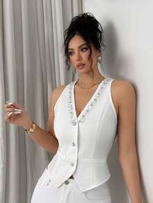 Modelyn 女款法式珠飾V領西裝背心，白色，夏季，優雅，派對之夜時尚百搭商務休閒正式 - 白色 - 查看 12