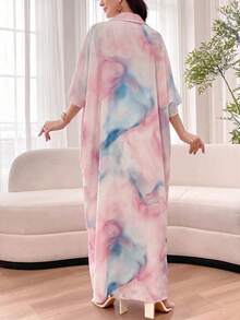 SHEIN Najma Đầm ngắn tay dáng rộng nhuộm tie-dye có cổ, thích hợp cho mùa xuân/hè. - Nhiều màu - Xem 2