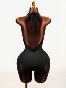 Mistrie Women's Sexy Lace Patchwork Jumpsuit, Summer  With A Hollowed Out Chest Design, Explosive And Sexy. Hollow Mesh Splicing Ultra-Low Waist Short Skirt. Suitable For Music Festivals, Holidays, Parties, And Dates. Out On The Street, Traveling - Black - View 2