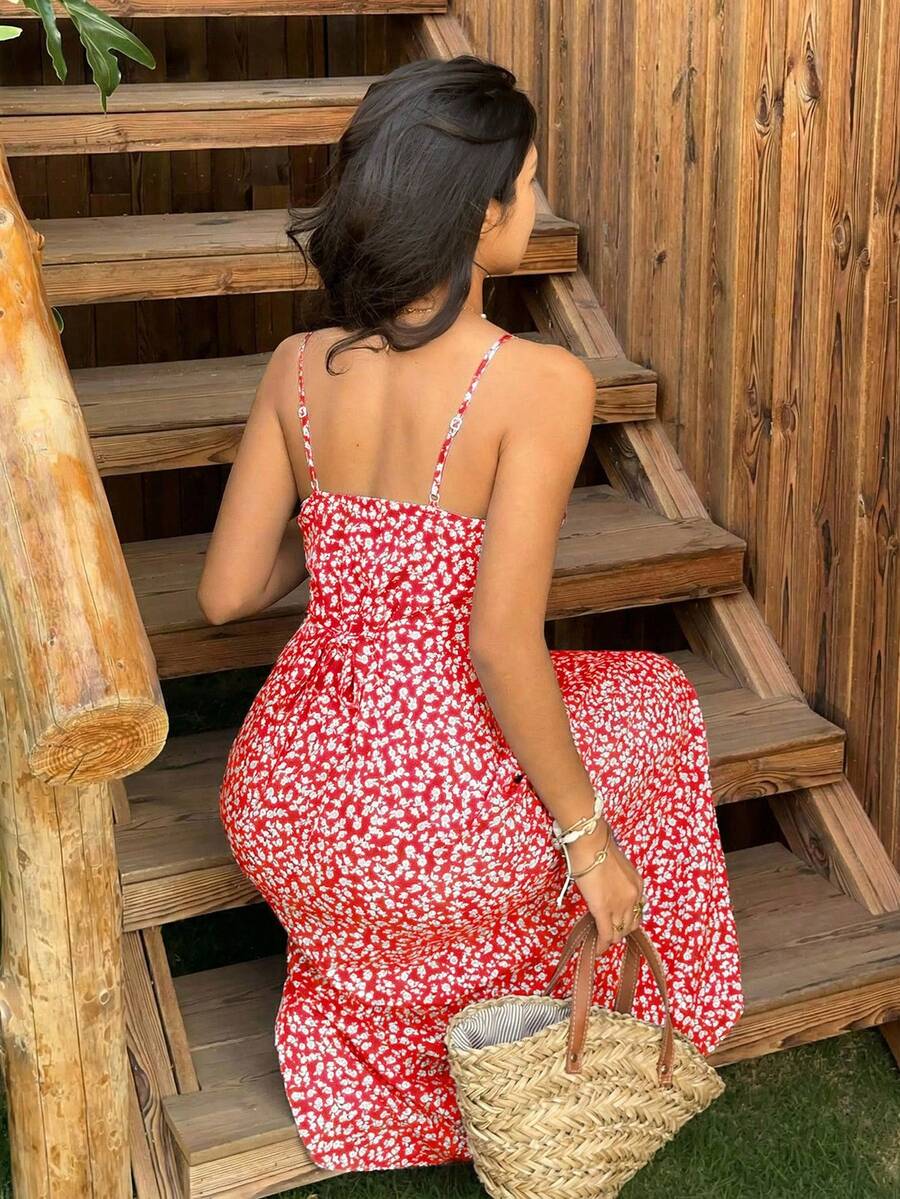 SHEIN EZwear 红色碎花吊带沙滩度假连衣裙（女款） - 紅色 - 查看 1