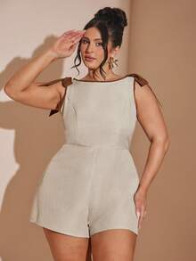 SHEIN BAE Mono de mujer talla grande color albaricoque con bloques de color y lazo anudado, mono elegante de verano con teñido anudado color caqui, cuello redondo sin mangas con ribete de contraste y falda acampanada - Multicolor - Ver 7
