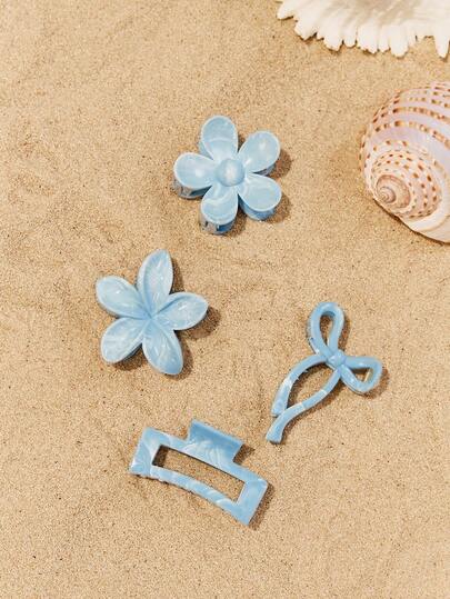 Swim Mod 4pcs/Set Spring & Summer Bohemian Sweet Light Blue & White Mixed Marble Pattern Bow Daisy Flower Square Hair Claw, Beach Hair Accessories Claw Clips Hair Clips Hair Jaw Clip Hair Clamps Hair Clutch Hair Catcher Clip Fall Winter For Vacation Outfits Woman