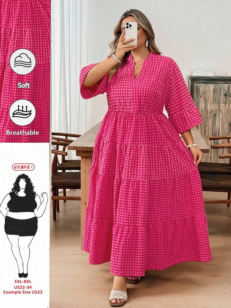 SHEIN CURVE+ 大码夏季休闲格子连衣裙 - 粉色 - 查看 1