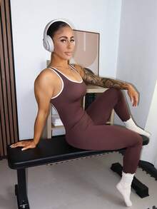 SAYEHFBABY 女士条纹露背修身瑜伽连体裤 - 棕色 - 查看 4