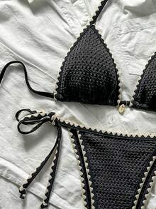 Swim Mod Ensemble de bikini 2 pièces pour femmes, en tissu jacquard de couleur unie avec volants, à bretelles nouées. Ensemble de maillots de bain pour vacances, croisière, plage et bronzage. Accessoires de maillot de bain, maillot de bain pour femmes, crochet - Gris - Voir 5