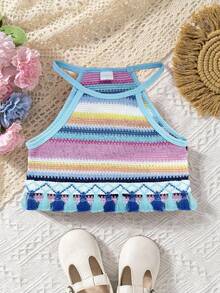 SHEIN 女童彩色编织彩虹吊带背心，适合日常、节日、度假穿着 - 彩色 - 查看 5