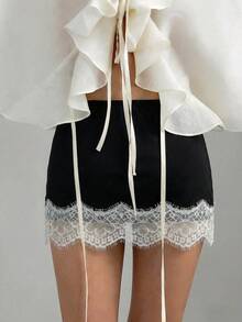 SHEIN LUNE 女士棉质蕾丝拼接百搭迷你裙，黑色蕾丝裙 - 彩色 - 查看 3