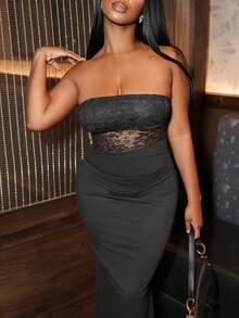 Chea Andrea 法式蕾丝性感抹胸连衣裙，简约时尚，时尚美观，性感修身长裙，女士 - 黑色 - 查看 5