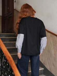 SILVIA DI SANTO Áo thun dài tay rộng cổ tròn 2 trong 1 mới dành cho nữ - màu đen - Xem 2