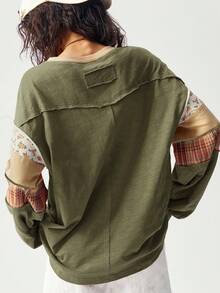 SHEIN BohoFeels Plus Size Women Patchwork Floral Plaid Print Round Neck Drop Shoulder Long Sleeve Casual Loose T-Shirt/Winter - Army Green - View 2