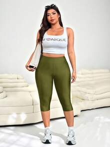 SHEIN EZwear Plus Size Summer Soft 3/4 Leggings, Military Green - Army Green - View 5
