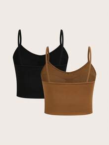 SHEIN EZwear 2件套休闲简约黑色和卡其色大码女式背心，带胸垫 - 彩色 - 查看 2
